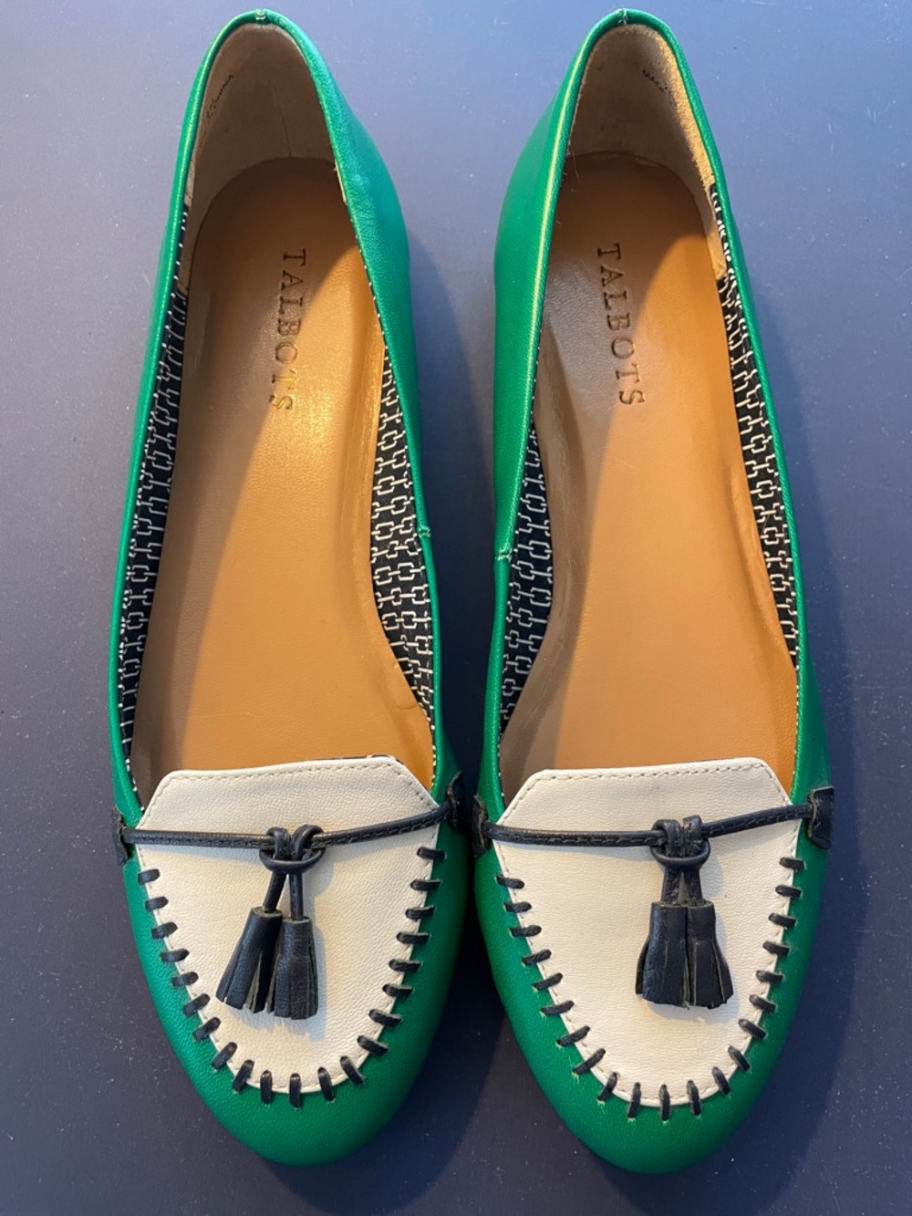 Talbots Green and White Tassel Moccasins with Navy Trim